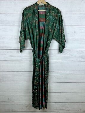 Vintage Solz Squirrel Embroidered Brocade Chinese Kimono Robe Belted Small